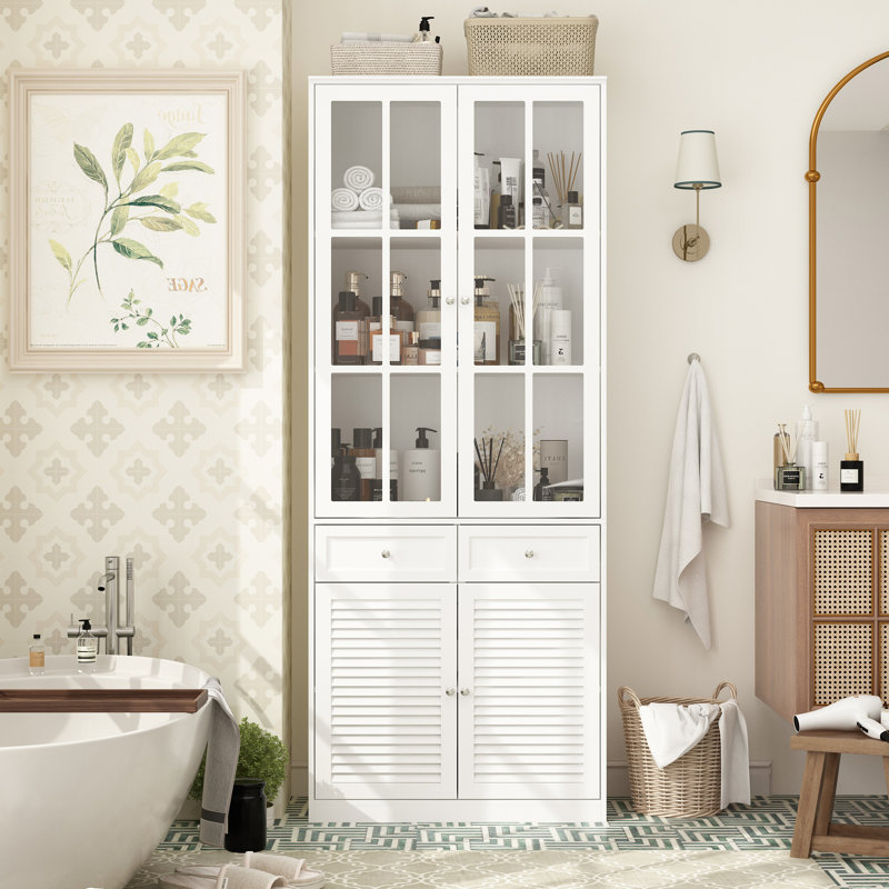 Rosecliff Heights Two Drawers Bathroom Linen Cabinet With Tempered Glass Doors Wayfair